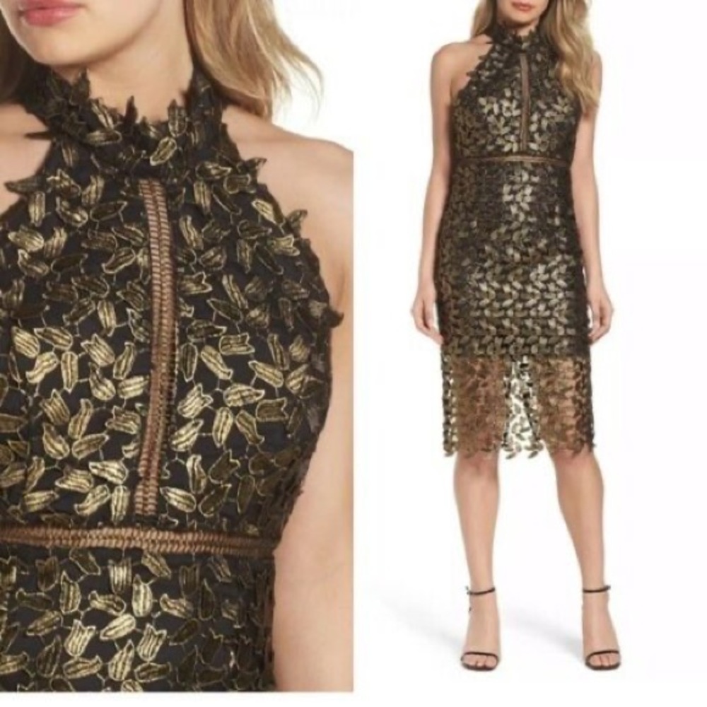 Bardot Gold Leaf, Halter-Lace Sheath-Night Out Dress-Black/Gold-Size 8/M